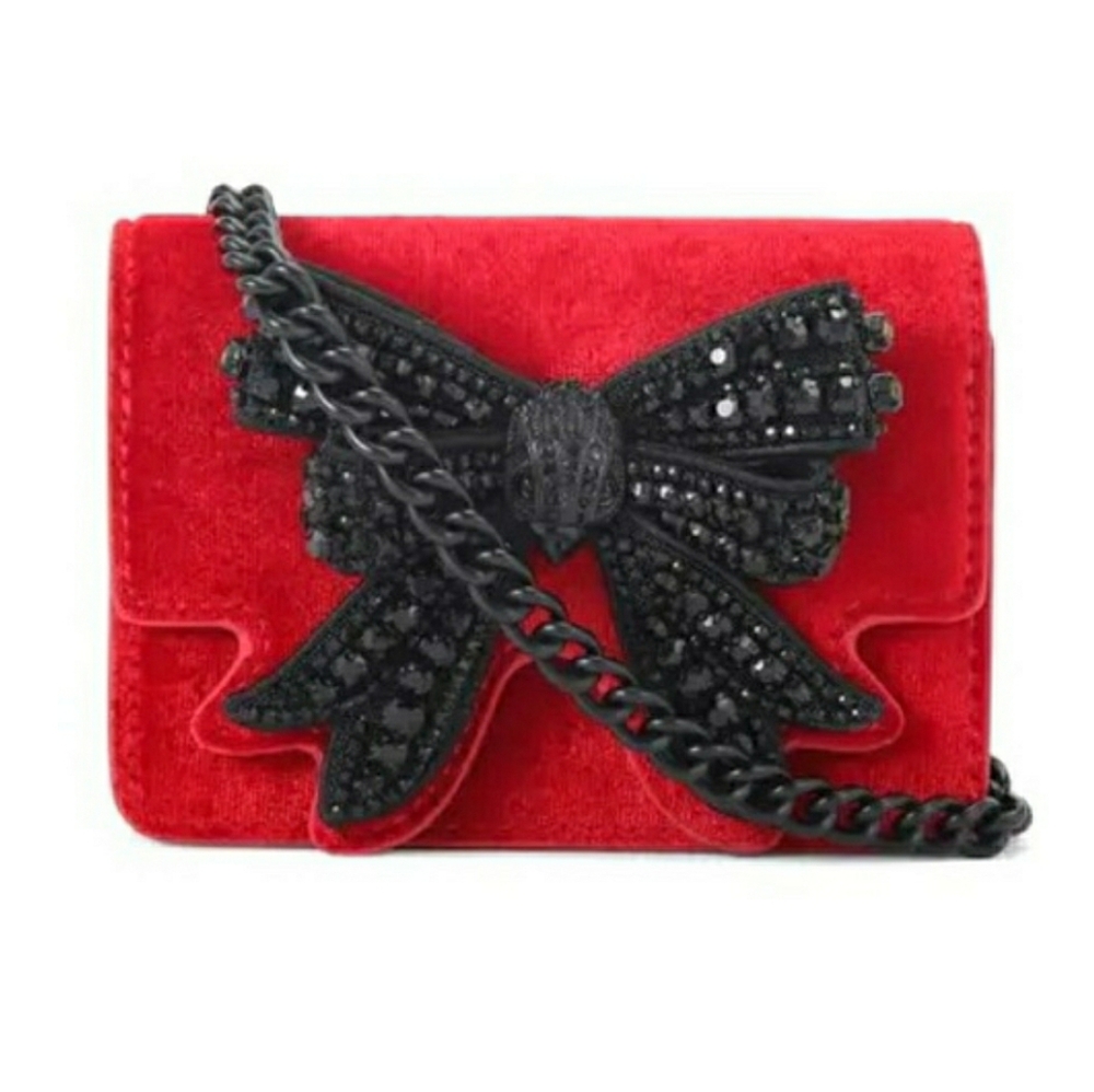 Kurt Geiger Red Velvet Crossbody Bag w/ Black Rhinestone Bow NIB!